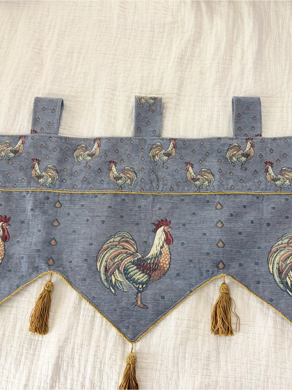 Vintage Rooster Print Window Valance in Denim Blue with Gold Tassels